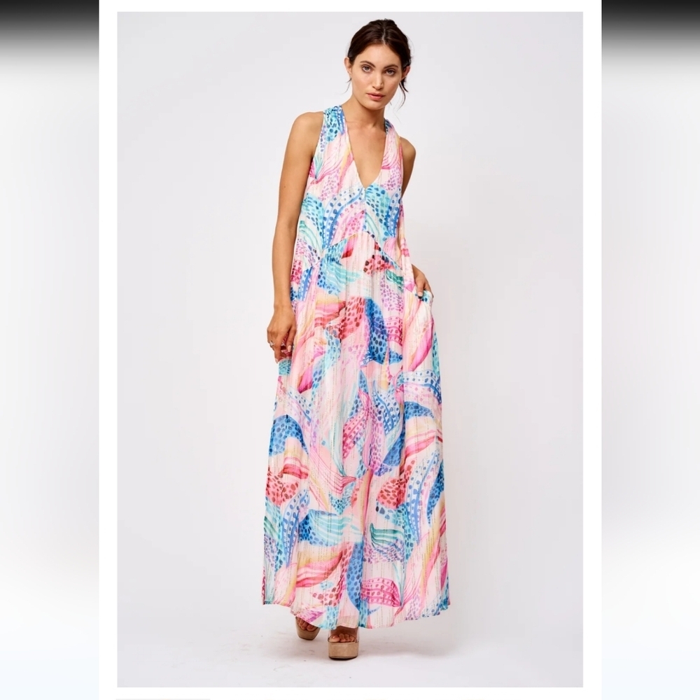 CIEBON Floral Pink Jacquard Maxi Dress Sleeveless Flowy Shift Shimmery W/Pockets